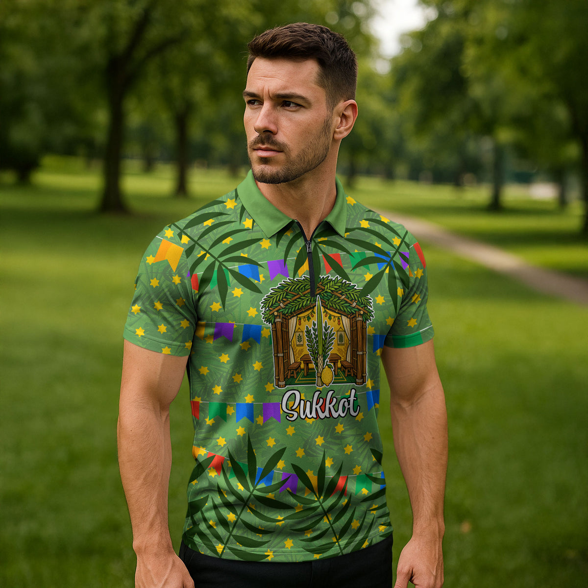 Sukkot Jewish Zipper Polo Shirt Colorful Sukkot Festival Of Tabernacles