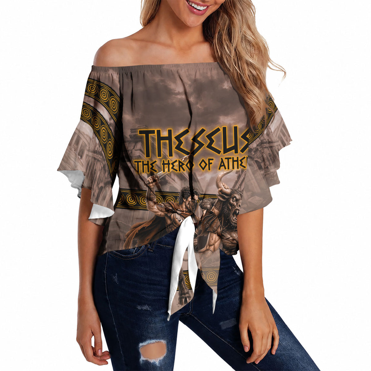 Theseus The Hero Of Athens Off Shoulder Wrap Waist Top Greek Mythology Minotaur Ancient Warrior Art
