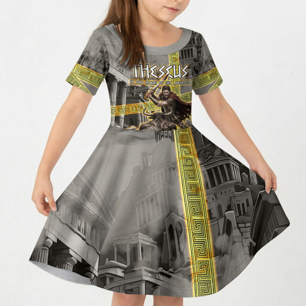 Theseus In The Heart Of The Labyrinth Kid Short Sleeve Dress Ancient Greek Mythology Minotaur Warrior Battle Art
