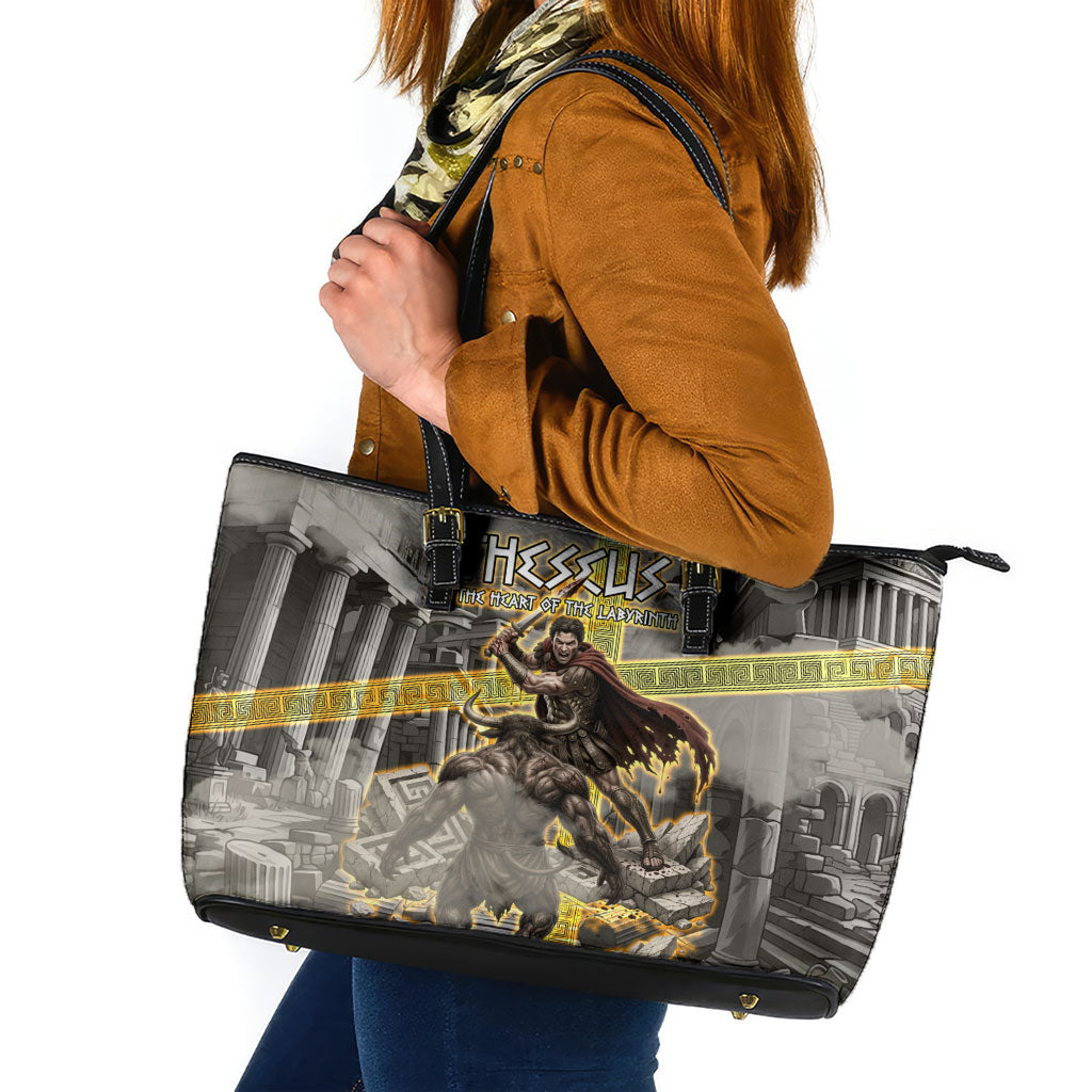 Theseus In The Heart Of The Labyrinth Leather Tote Bag Ancient Greek Mythology Minotaur Warrior Battle Art