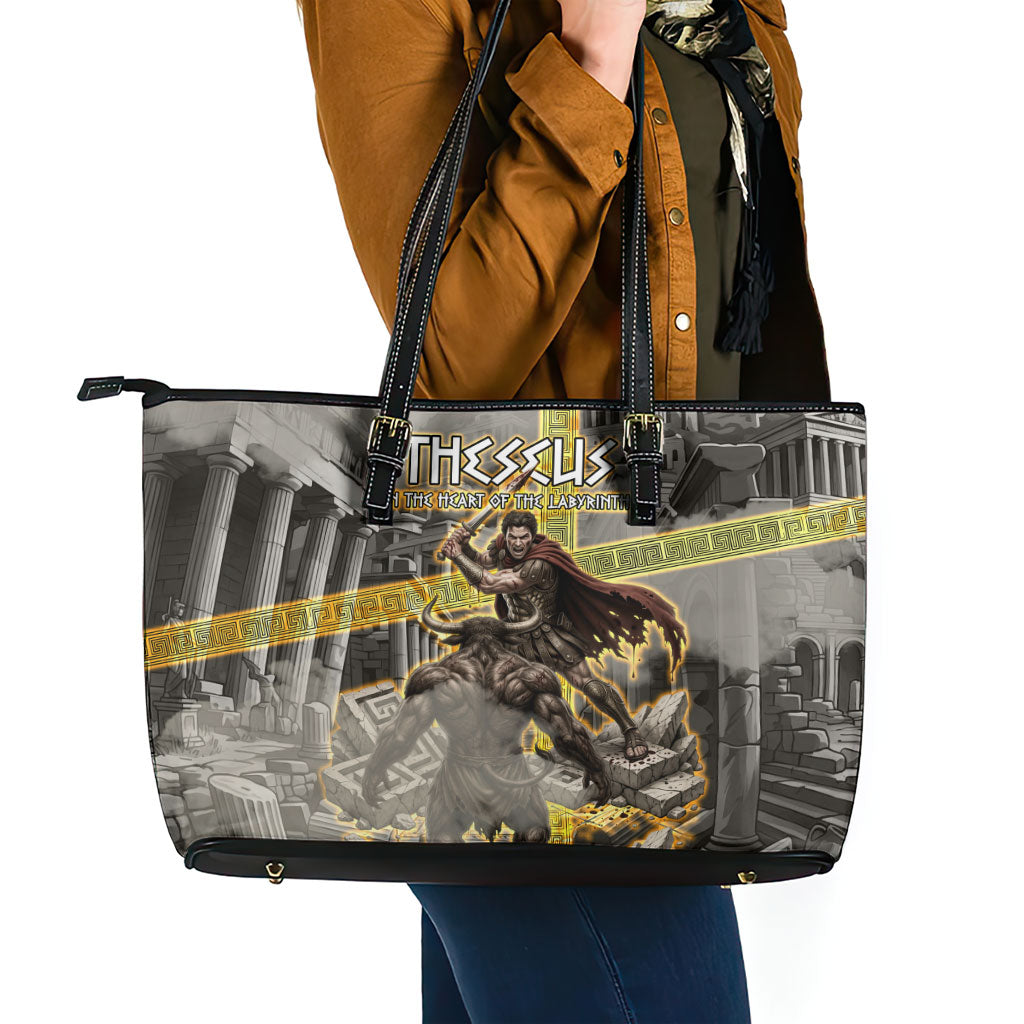 Theseus In The Heart Of The Labyrinth Leather Tote Bag Ancient Greek Mythology Minotaur Warrior Battle Art