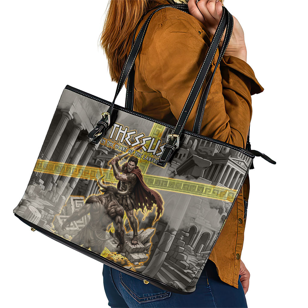 Theseus In The Heart Of The Labyrinth Leather Tote Bag Ancient Greek Mythology Minotaur Warrior Battle Art