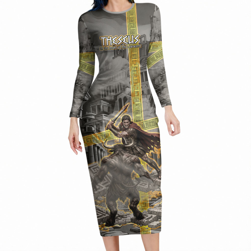 Theseus In The Heart Of The Labyrinth Long Sleeve Bodycon Dress Ancient Greek Mythology Minotaur Warrior Battle Art