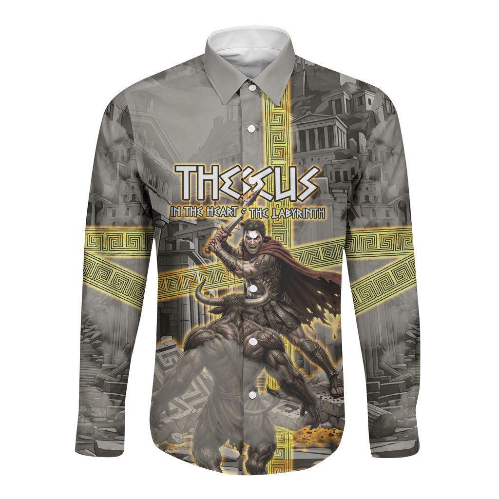 Theseus In The Heart Of The Labyrinth Long Sleeve Button Shirt Ancient Greek Mythology Minotaur Warrior Battle Art