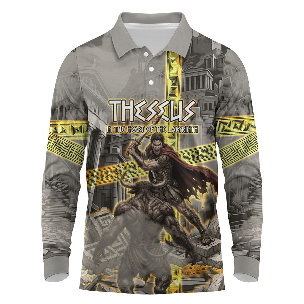 Theseus In The Heart Of The Labyrinth Long Sleeve Polo Shirt Ancient Greek Mythology Minotaur Warrior Battle Art