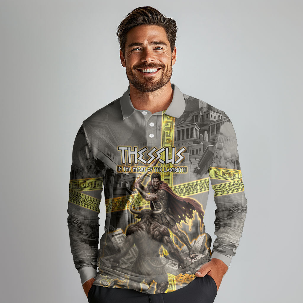 Theseus In The Heart Of The Labyrinth Long Sleeve Polo Shirt Ancient Greek Mythology Minotaur Warrior Battle Art