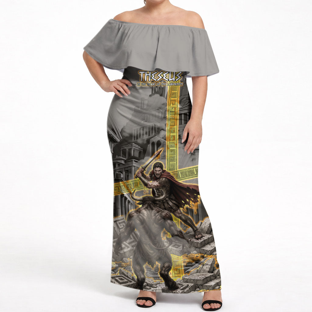Theseus In The Heart Of The Labyrinth Off Shoulder Maxi Dress Ancient Greek Mythology Minotaur Warrior Battle Art