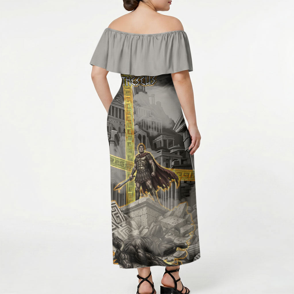 Theseus In The Heart Of The Labyrinth Off Shoulder Maxi Dress Ancient Greek Mythology Minotaur Warrior Battle Art