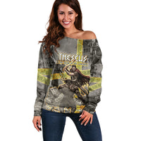 Theseus In The Heart Of The Labyrinth Off Shoulder Sweater Ancient Greek Mythology Minotaur Warrior Battle Art