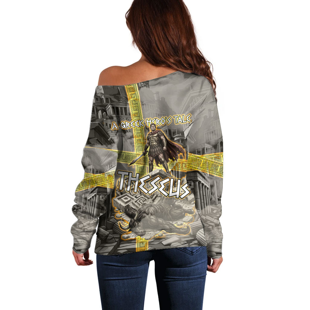 Theseus In The Heart Of The Labyrinth Off Shoulder Sweater Ancient Greek Mythology Minotaur Warrior Battle Art
