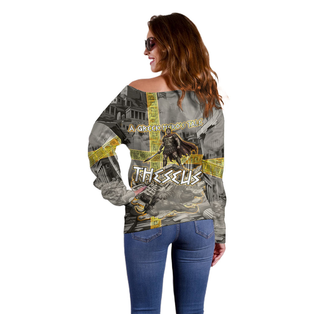 Theseus In The Heart Of The Labyrinth Off Shoulder Sweater Ancient Greek Mythology Minotaur Warrior Battle Art