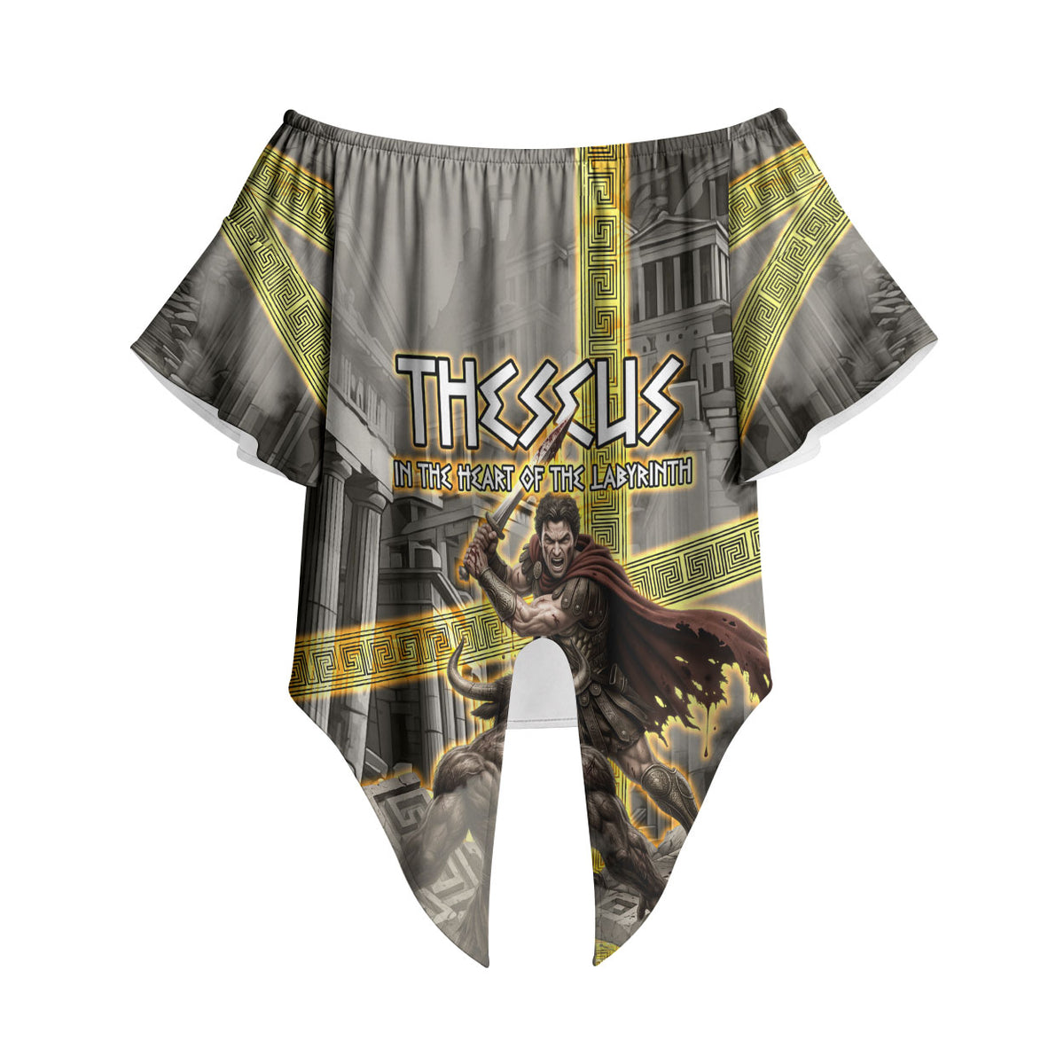 Theseus In The Heart Of The Labyrinth Off Shoulder Wrap Waist Top Ancient Greek Mythology Minotaur Warrior Battle Art