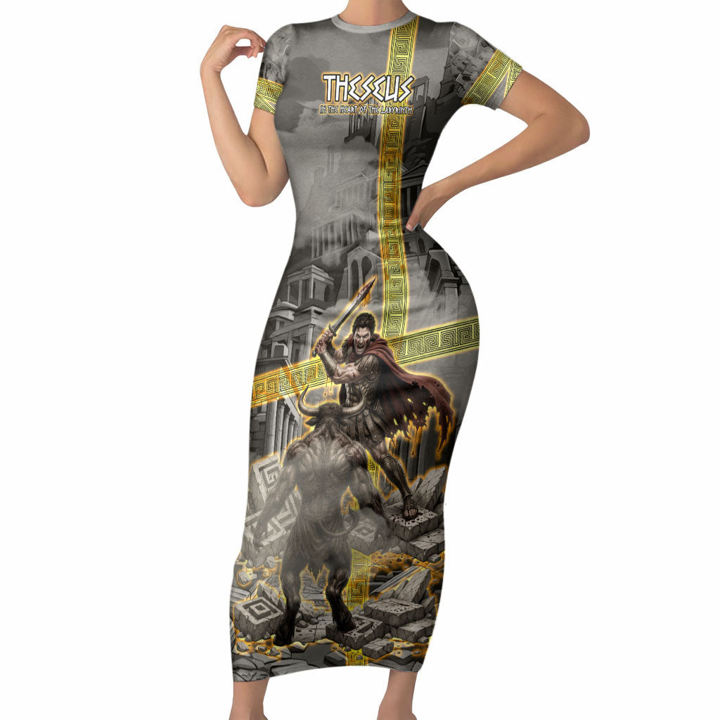 Theseus In The Heart Of The Labyrinth Short Sleeve Bodycon Dress Ancient Greek Mythology Minotaur Warrior Battle Art