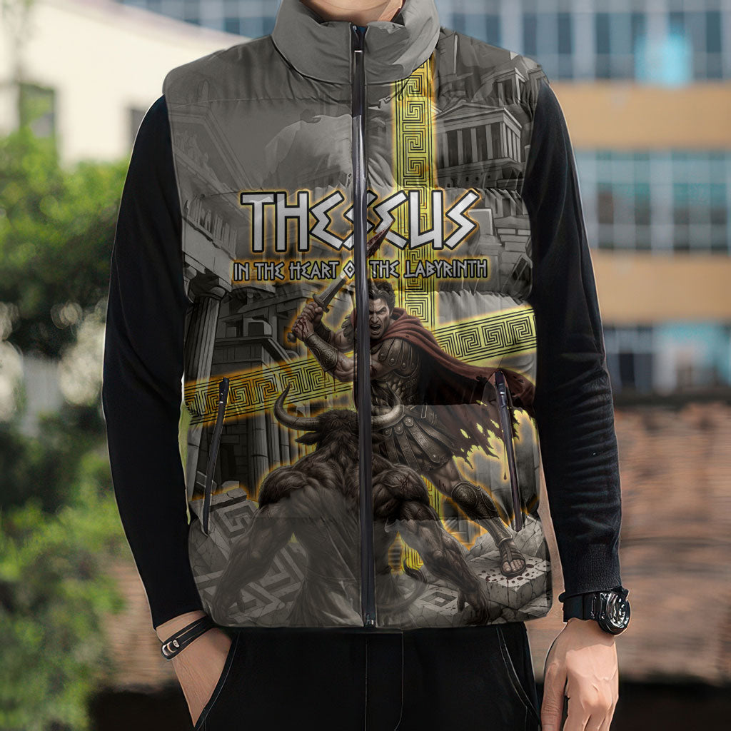 Theseus In The Heart Of The Labyrinth Sleeveless Puffer Jacket Ancient Greek Mythology Minotaur Warrior Battle Art