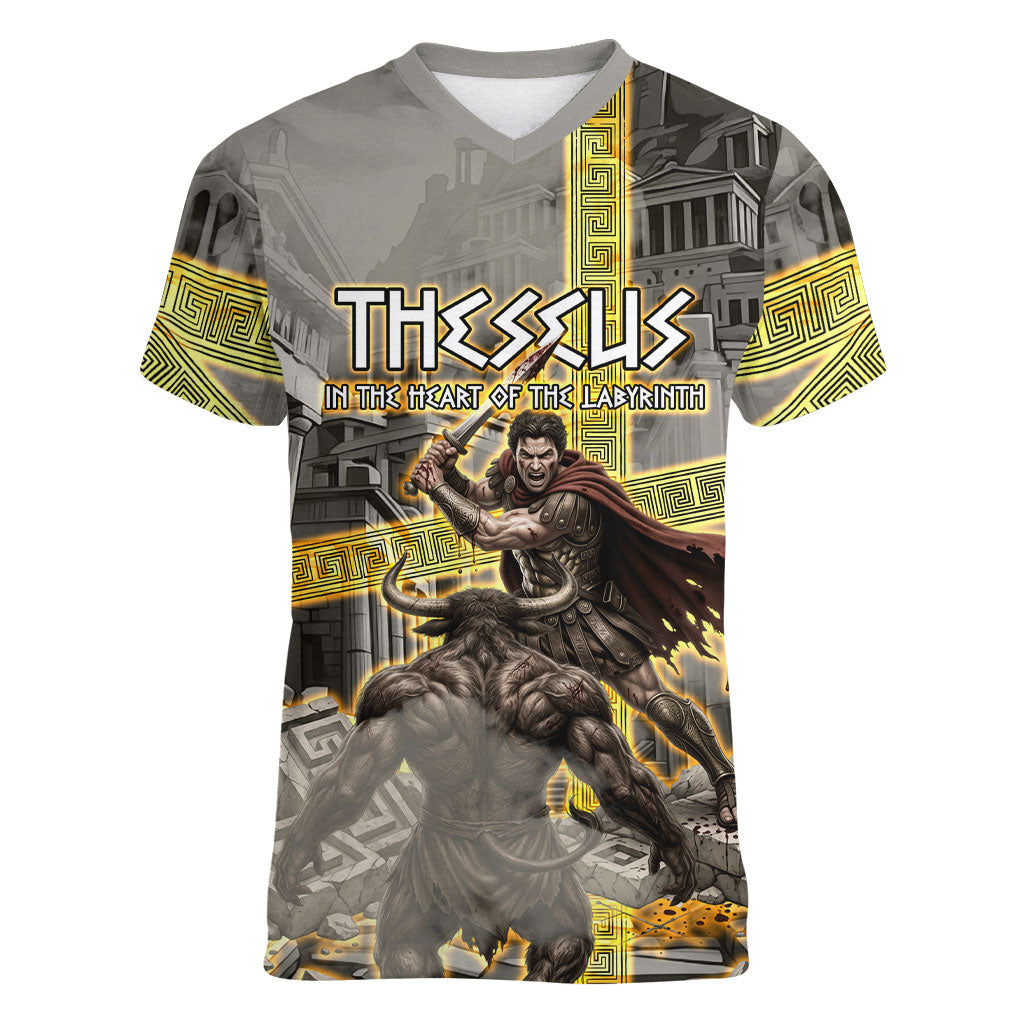 Theseus In The Heart Of The Labyrinth Women V-Neck T-Shirt Ancient Greek Mythology Minotaur Warrior Battle Art