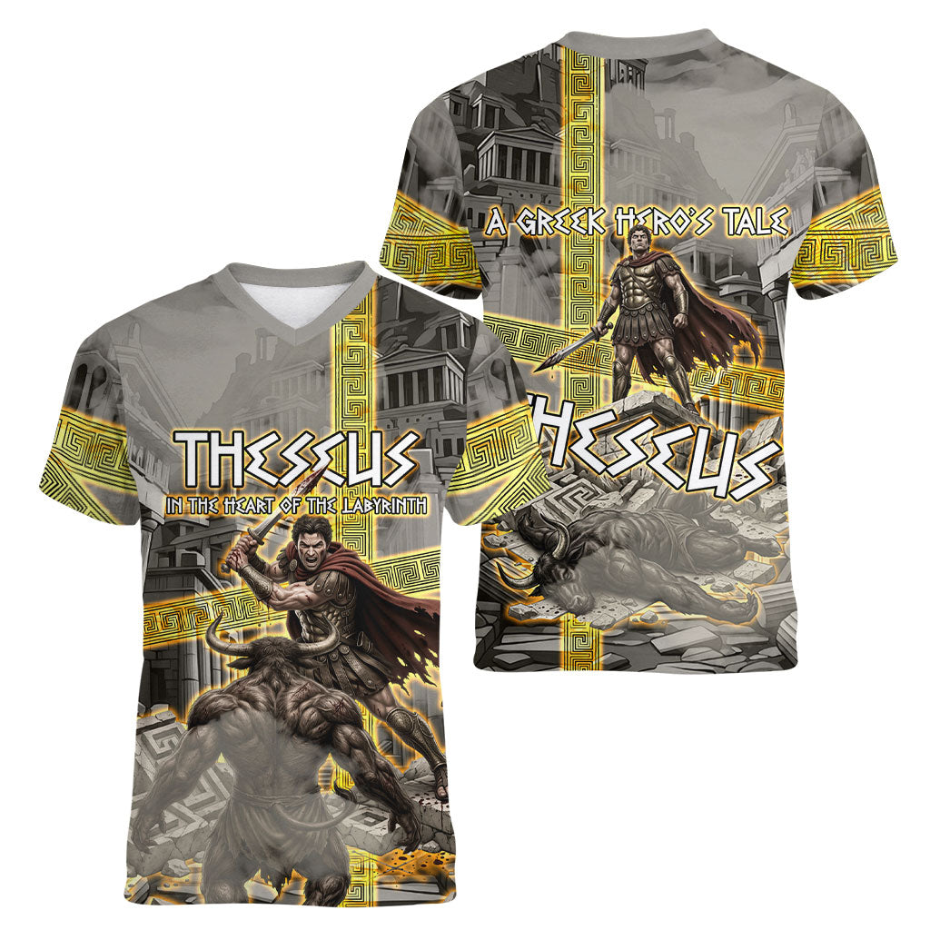 Theseus In The Heart Of The Labyrinth Women V-Neck T-Shirt Ancient Greek Mythology Minotaur Warrior Battle Art