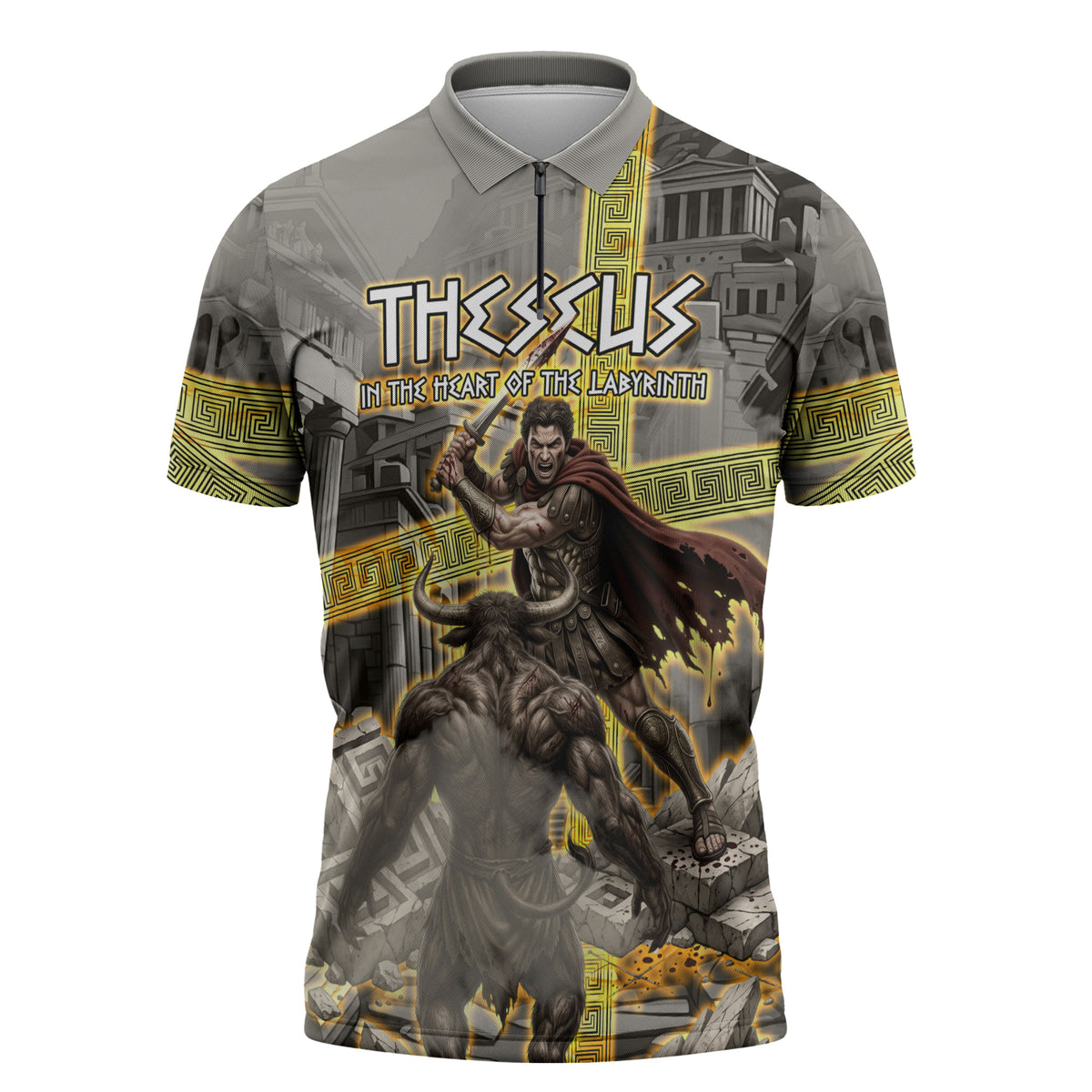 Theseus In The Heart Of The Labyrinth Zipper Polo Shirt Ancient Greek Mythology Minotaur Warrior Battle Art