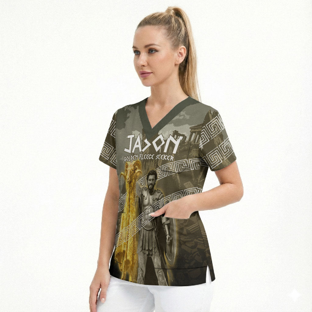 Jason Golden Fleece Seeker Scrub Top Ancient Greek Mythology Heroic Warrior Dragon Battle