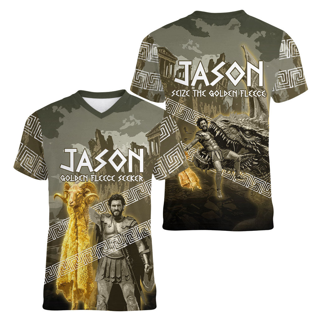 Jason Golden Fleece Seeker Women V-Neck T-Shirt Ancient Greek Mythology Heroic Warrior Dragon Battle