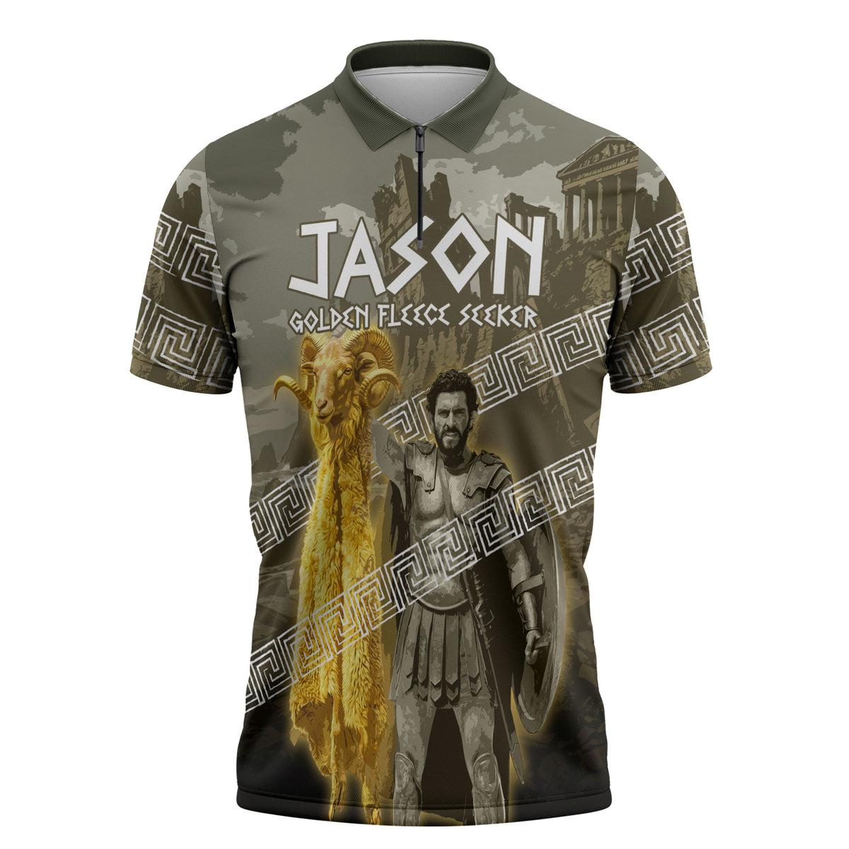 Jason Golden Fleece Seeker Zipper Polo Shirt Ancient Greek Mythology Heroic Warrior Dragon Battle