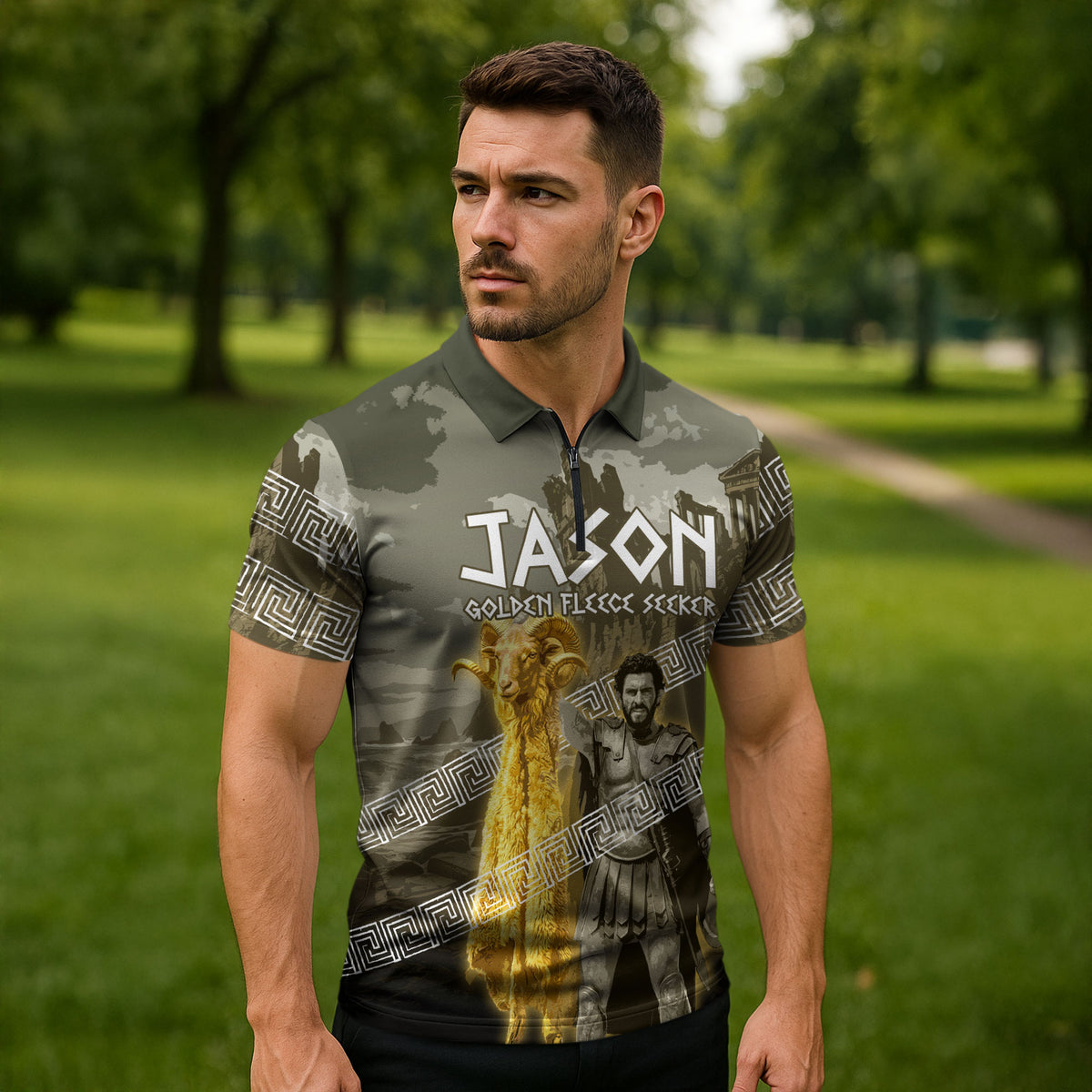 Jason Golden Fleece Seeker Zipper Polo Shirt Ancient Greek Mythology Heroic Warrior Dragon Battle