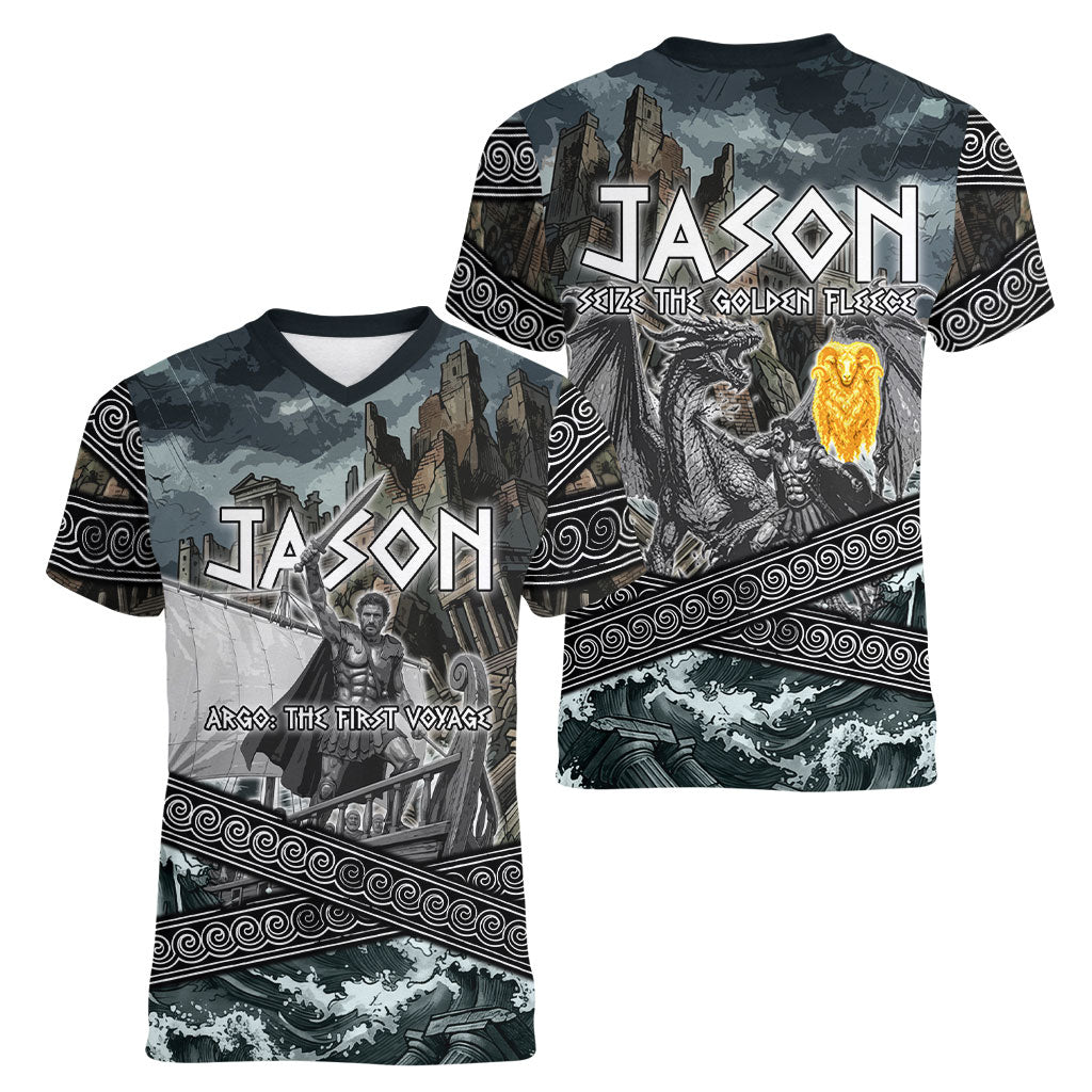 Jason Argo The First Voyage Women V-Neck T-Shirt Ancient Greek Mythology Heroic Warrior Dragon Battle