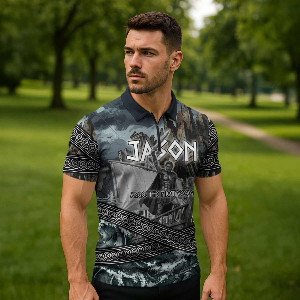 Jason Argo The First Voyage Zipper Polo Shirt Ancient Greek Mythology Heroic Warrior Dragon Battle