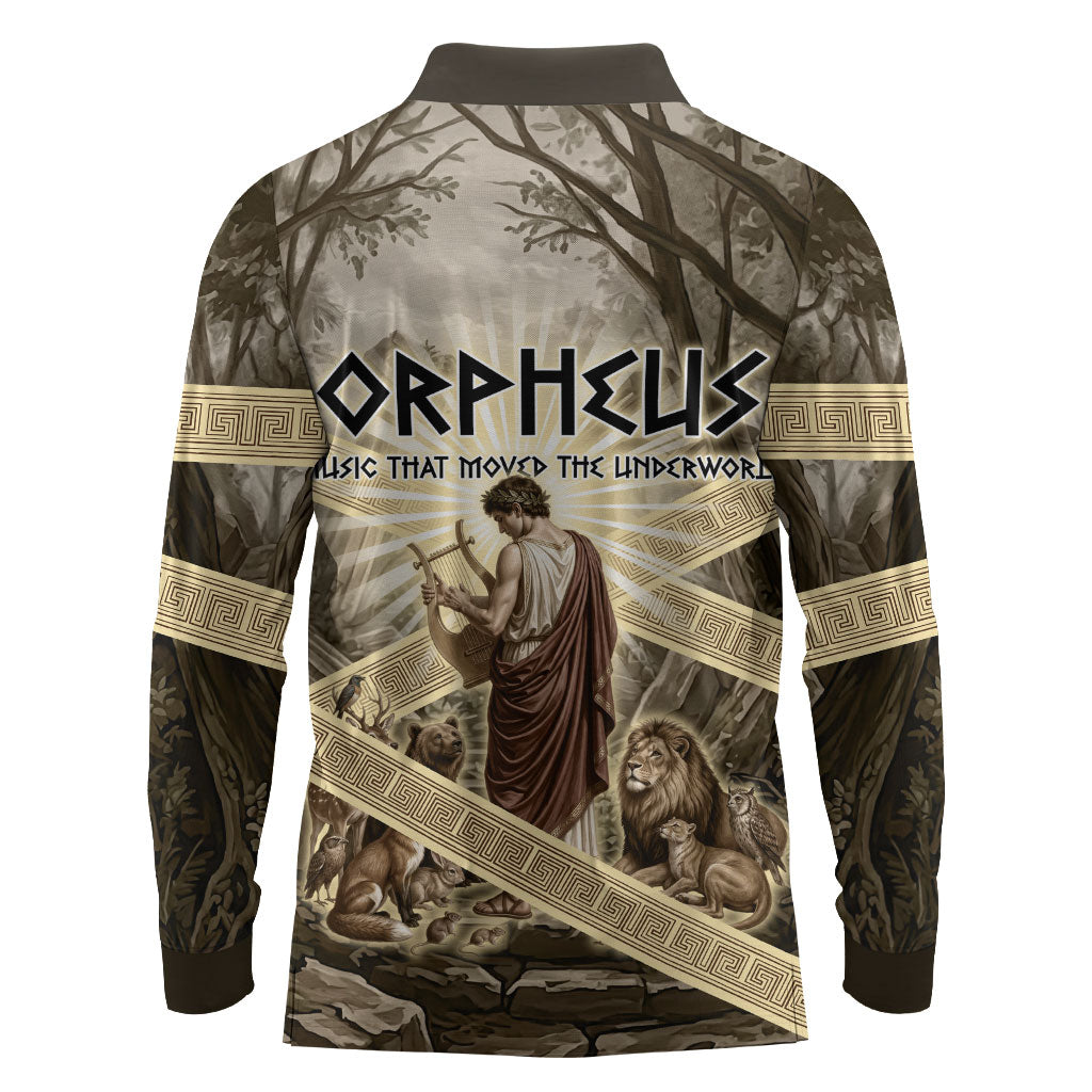 Orpheus Greek Mythology Lyre Musician Long Sleeve Polo Shirt Vintage Ancient Greek Meander Classical Statue