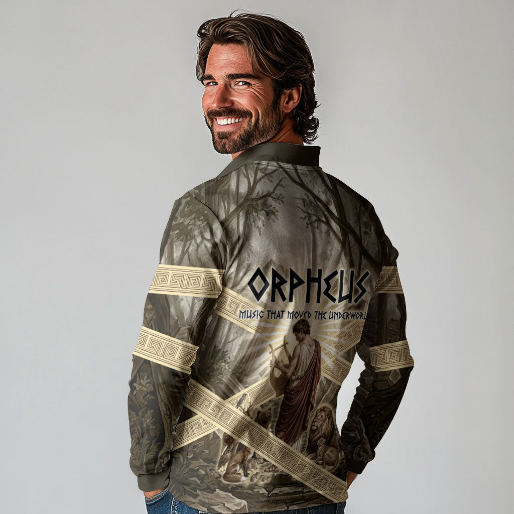 Orpheus Greek Mythology Lyre Musician Long Sleeve Polo Shirt Vintage Ancient Greek Meander Classical Statue