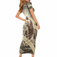 Orpheus Greek Mythology Lyre Musician Short Sleeve Bodycon Dress Vintage Ancient Greek Meander Classical Statue