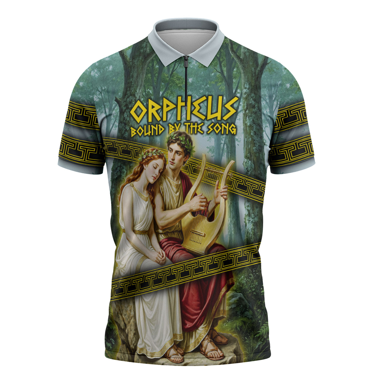 Orpheus And Eurydice Greek Mythology Lyre Zipper Polo Shirt Vintage Ancient Greek Meander Classical Statue