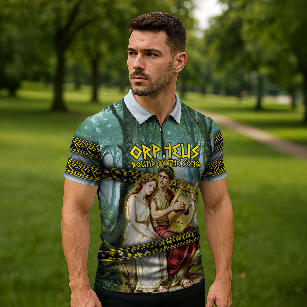 Orpheus And Eurydice Greek Mythology Lyre Zipper Polo Shirt Vintage Ancient Greek Meander Classical Statue