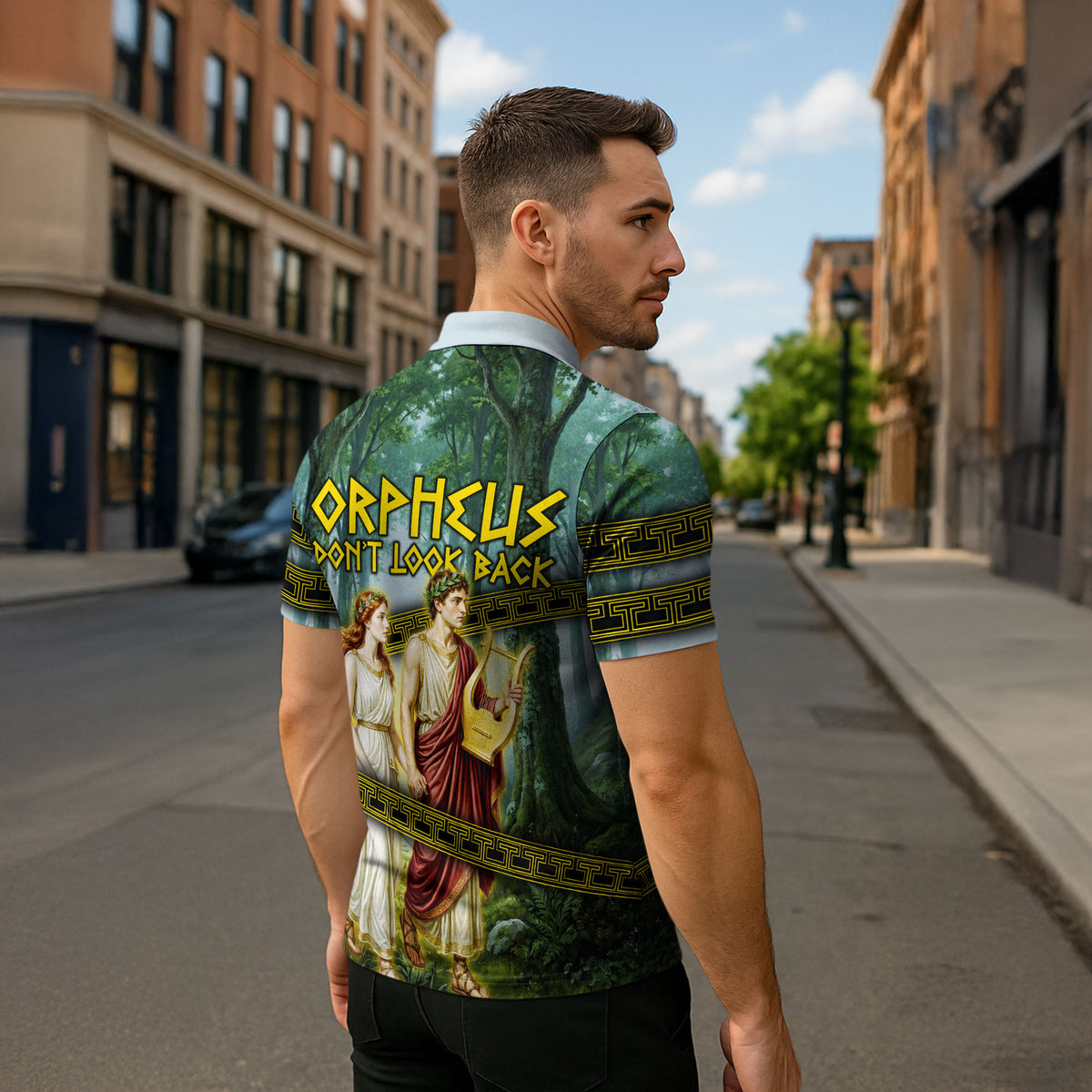 Orpheus And Eurydice Greek Mythology Lyre Zipper Polo Shirt Vintage Ancient Greek Meander Classical Statue