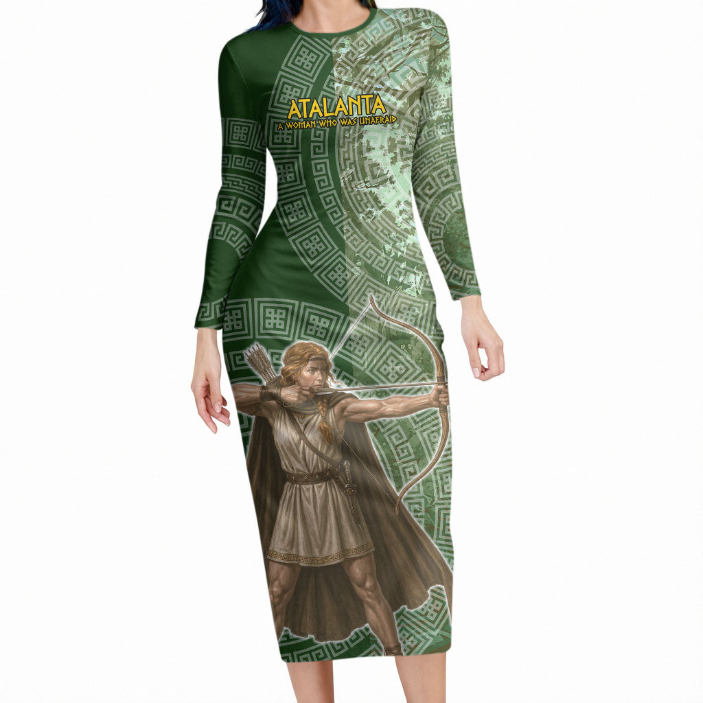 Atalanta Greek Mythology Huntress Archer Long Sleeve Bodycon Dress Ancient Greek Meander Pattern
