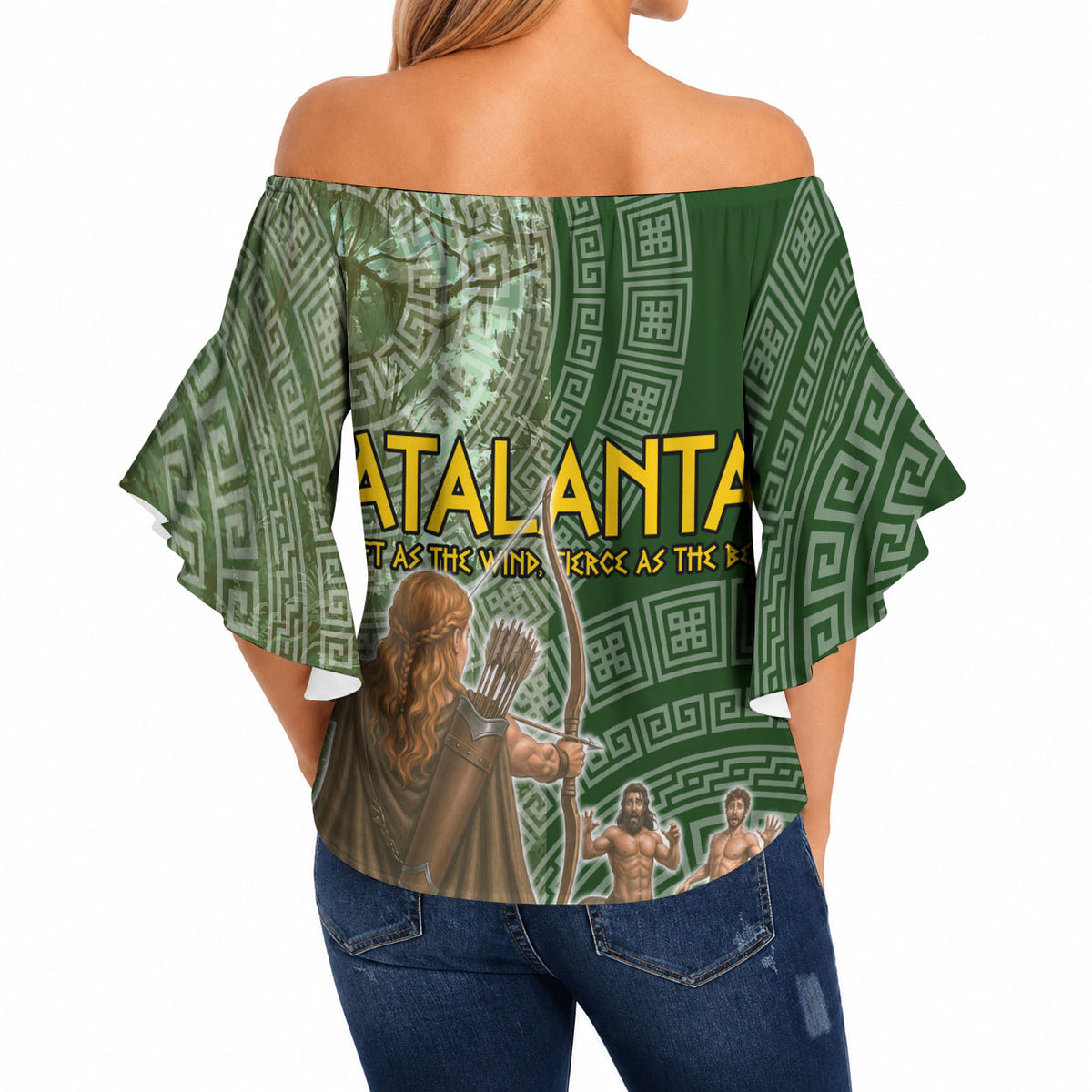 Atalanta Greek Mythology Huntress Archer Off Shoulder Wrap Waist Top Ancient Greek Meander Pattern