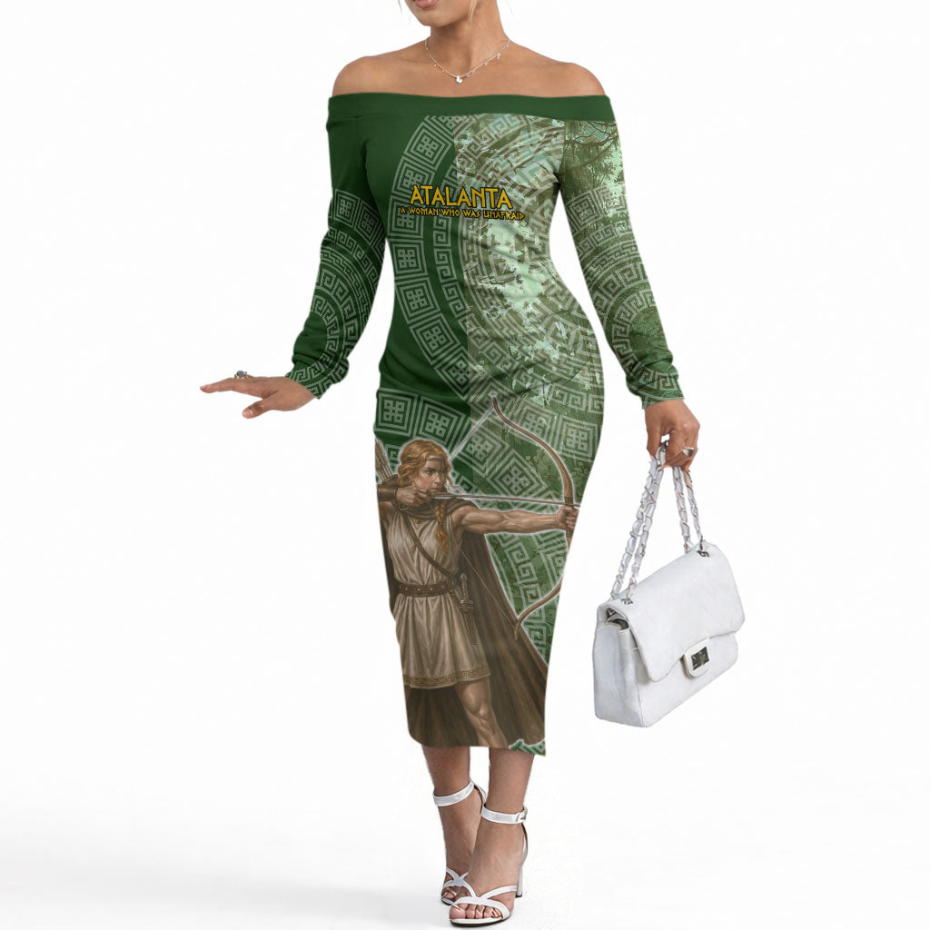 Atalanta Greek Mythology Huntress Archer Off The Shoulder Long Sleeve Dress Ancient Greek Meander Pattern
