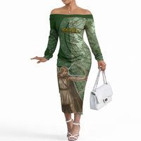 Atalanta Greek Mythology Huntress Archer Off The Shoulder Long Sleeve Dress Ancient Greek Meander Pattern