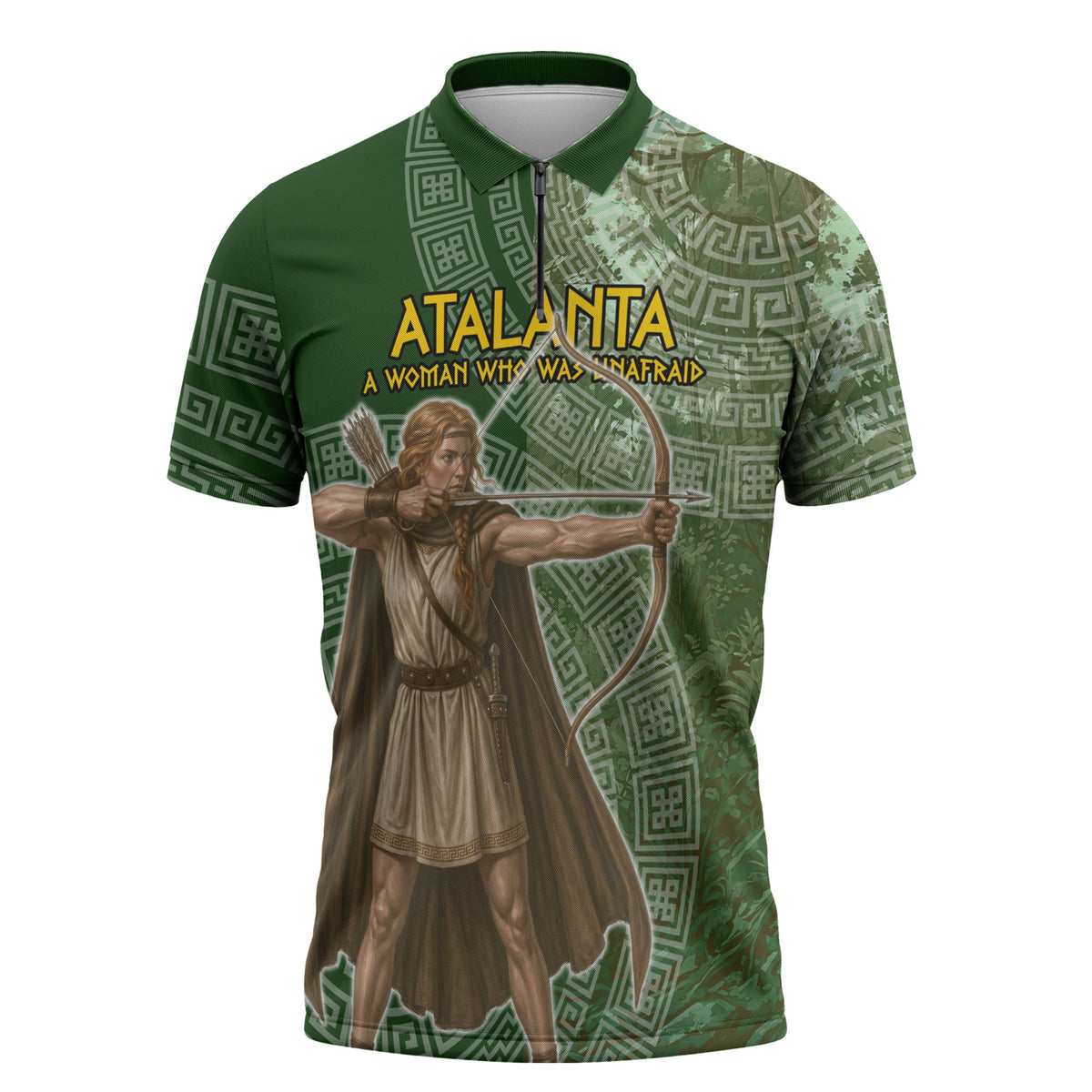 Atalanta Greek Mythology Huntress Archer Zipper Polo Shirt Ancient Greek Meander Pattern