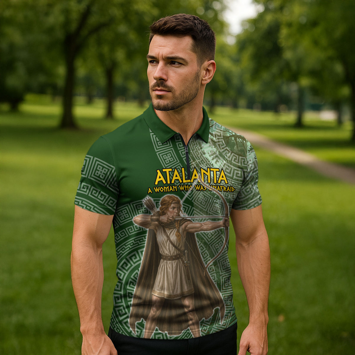 Atalanta Greek Mythology Huntress Archer Zipper Polo Shirt Ancient Greek Meander Pattern