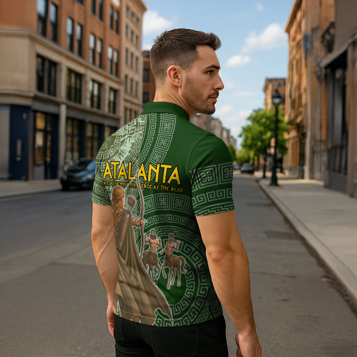 Atalanta Greek Mythology Huntress Archer Zipper Polo Shirt Ancient Greek Meander Pattern