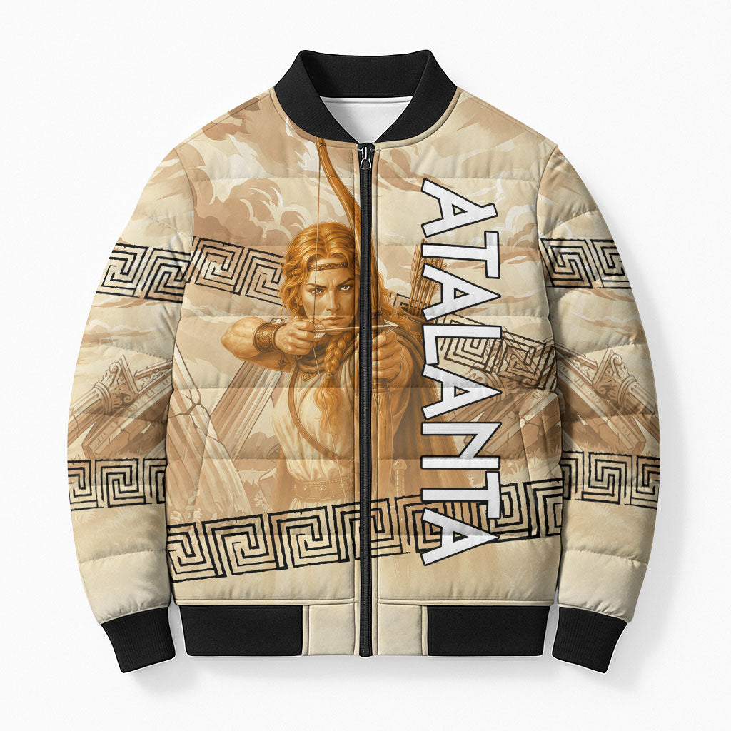 Atalanta Greek Mythology Huntress Archer Bomber Puffer Jacket Ancient Greek Heroine Goddess Vintage Meander Artwork