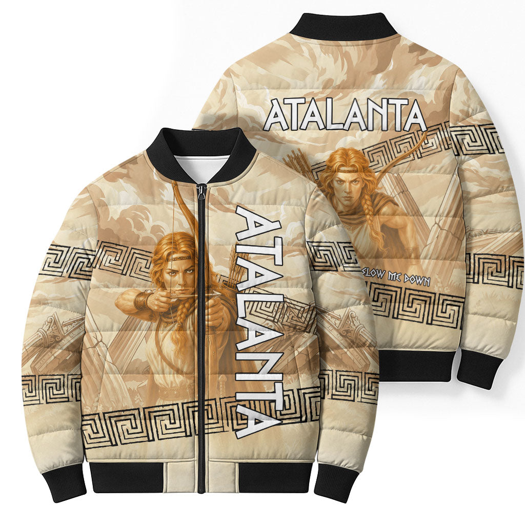 Atalanta Greek Mythology Huntress Archer Bomber Puffer Jacket Ancient Greek Heroine Goddess Vintage Meander Artwork