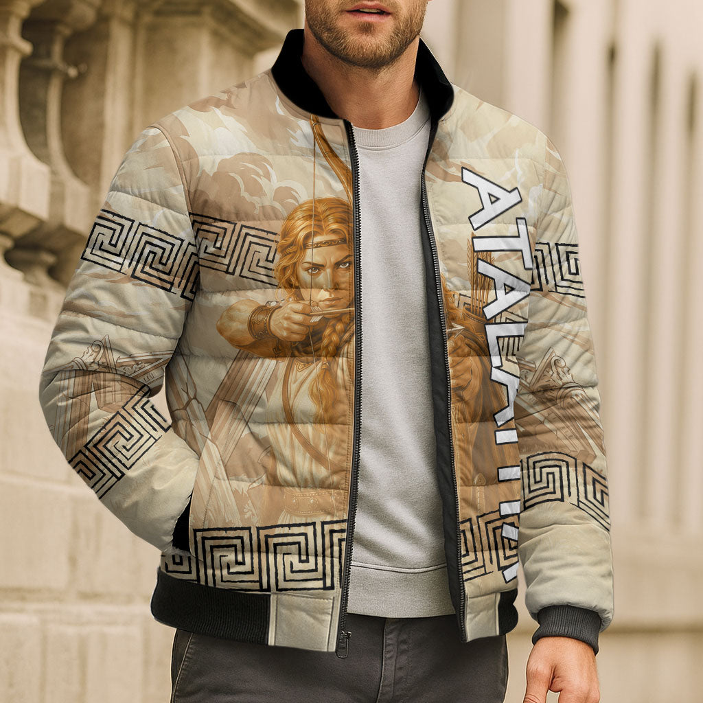 Atalanta Greek Mythology Huntress Archer Bomber Puffer Jacket Ancient Greek Heroine Goddess Vintage Meander Artwork
