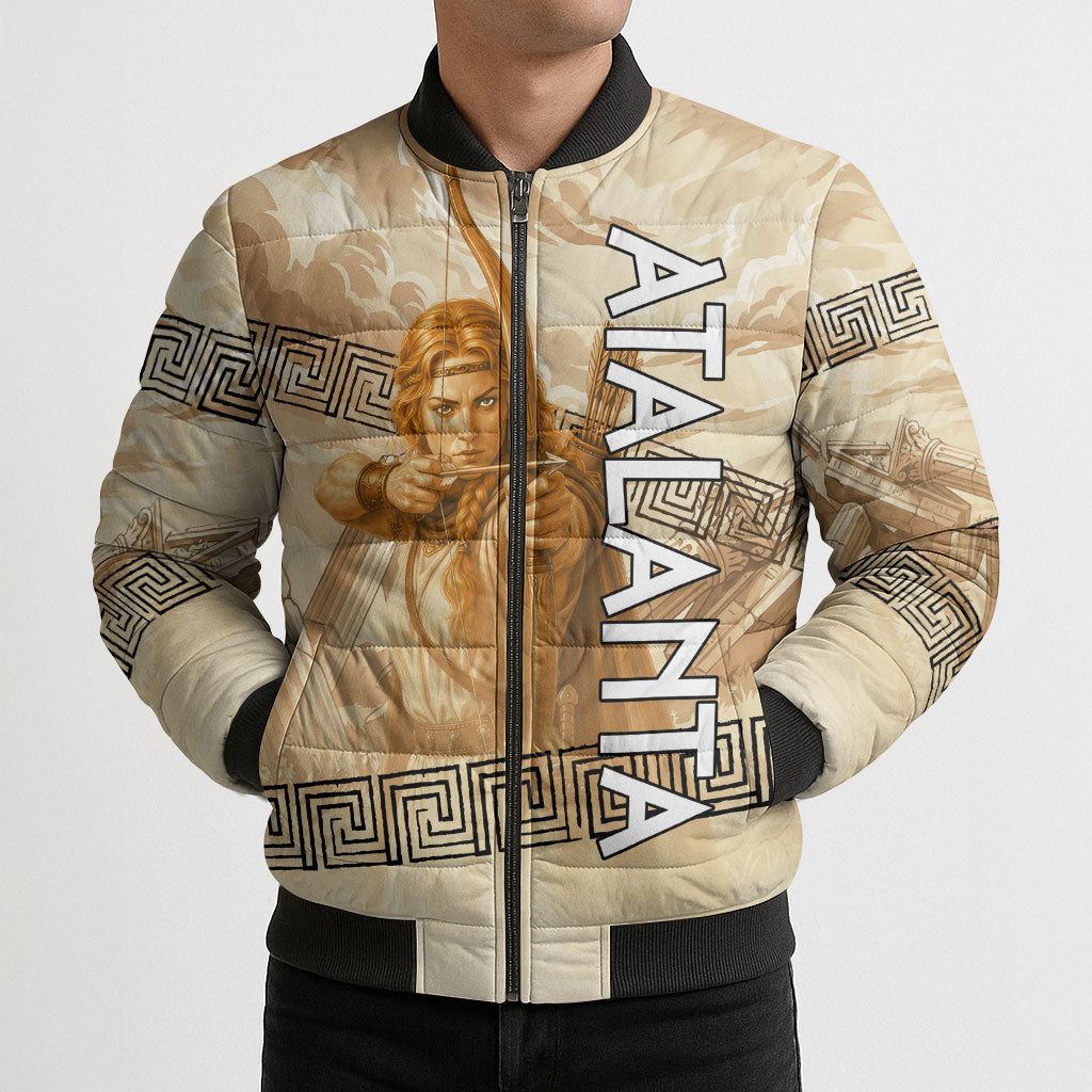Atalanta Greek Mythology Huntress Archer Bomber Puffer Jacket Ancient Greek Heroine Goddess Vintage Meander Artwork