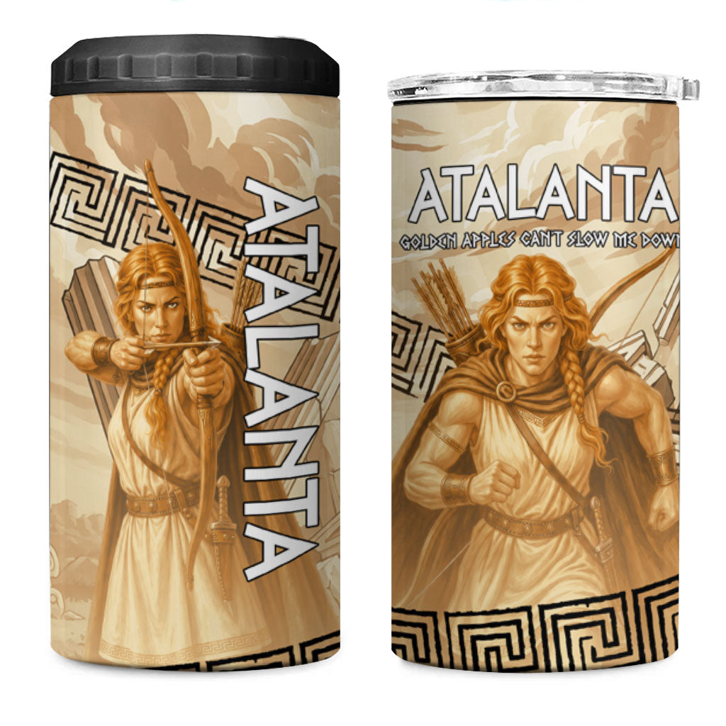 Atalanta Greek Mythology Huntress Archer 4 in 1 Can Cooler Tumbler Ancient Greek Heroine Goddess Vintage Meander Artwork