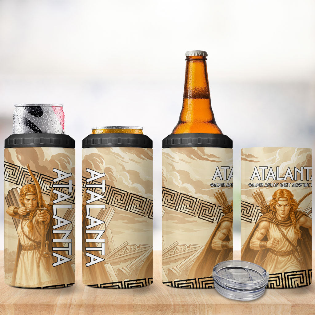 Atalanta Greek Mythology Huntress Archer 4 in 1 Can Cooler Tumbler Ancient Greek Heroine Goddess Vintage Meander Artwork