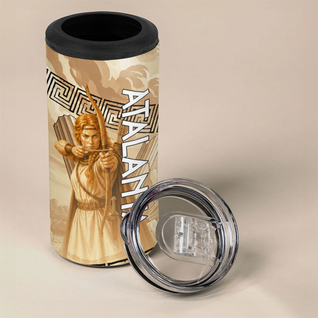 Atalanta Greek Mythology Huntress Archer 4 in 1 Can Cooler Tumbler Ancient Greek Heroine Goddess Vintage Meander Artwork
