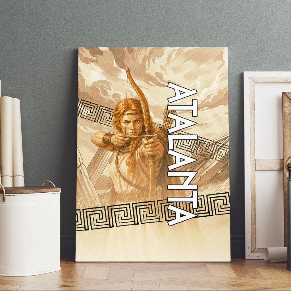 Atalanta Greek Mythology Huntress Archer Canvas Wall Art Ancient Greek Heroine Goddess Vintage Meander Artwork