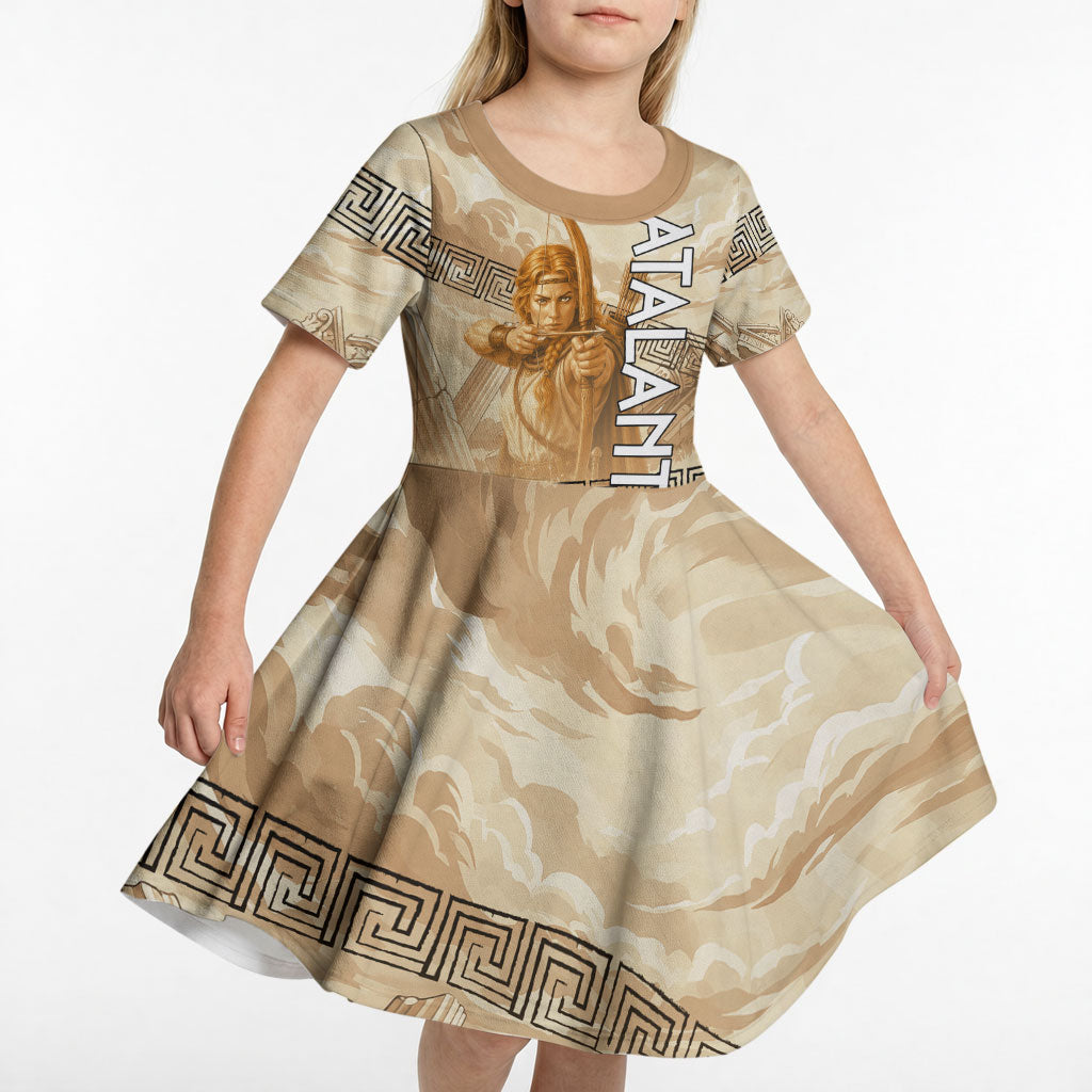 Atalanta Greek Mythology Huntress Archer Kid Short Sleeve Dress Ancient Greek Heroine Goddess Vintage Meander Artwork