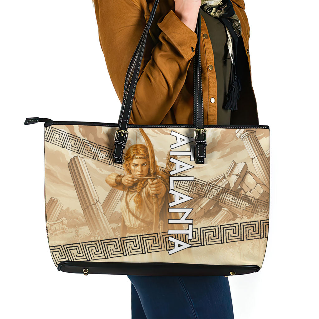 Atalanta Greek Mythology Huntress Archer Leather Tote Bag Ancient Greek Heroine Goddess Vintage Meander Artwork